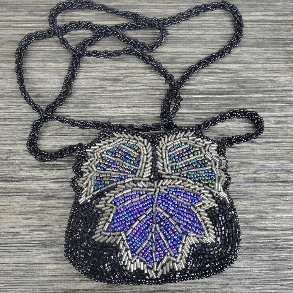 Small Beaded Leaves Black Crossbody Coin Purse Zipper‎ Mini Bag Braided Strap